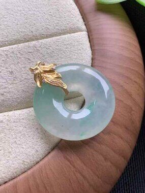 18k Gold Clasp ,Authentic Icy Jadeite Floating Green Donut Pendant Certified